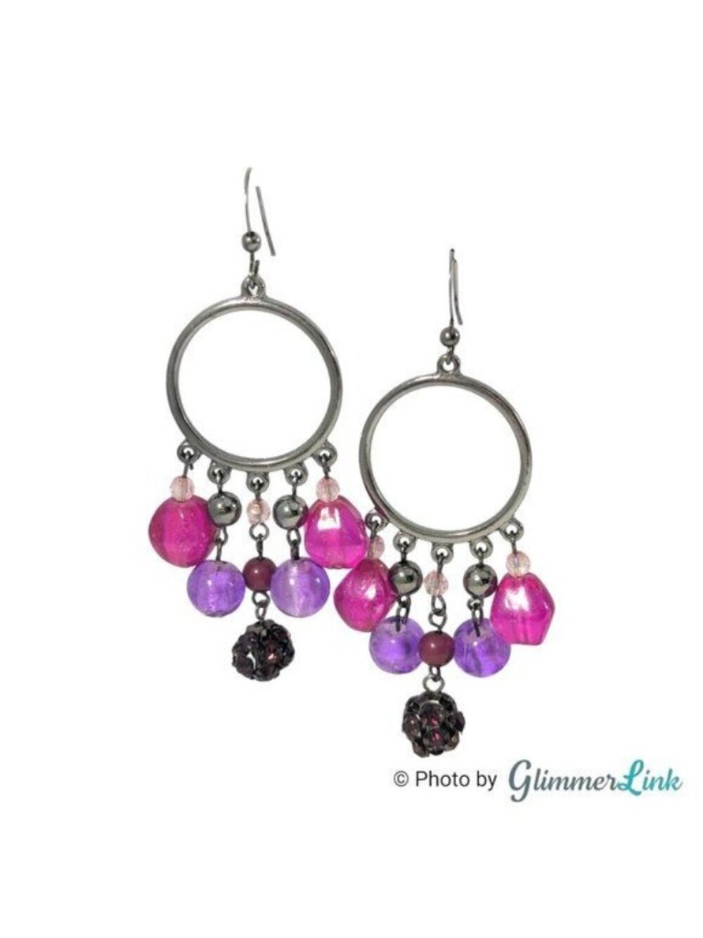 Pink & Purple Chandelier Beaded Circle Gunmetal Dangle Earrings